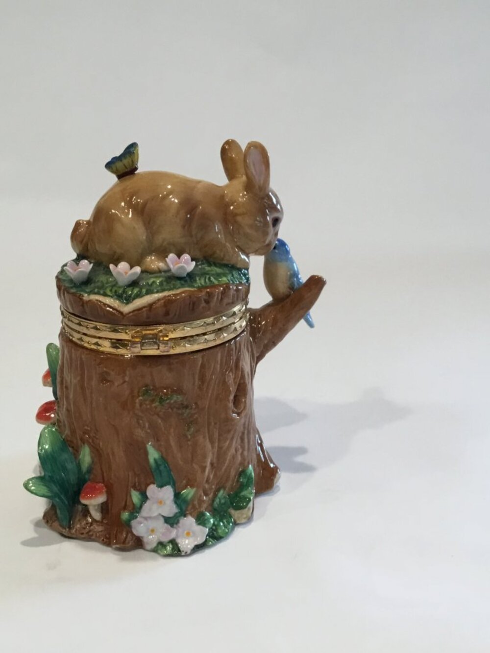 CWC 6.5" Ceramic Trinket Box Tree Stump Easter Bunny Rabbit Bird Butterfly - Picture 4 of 8